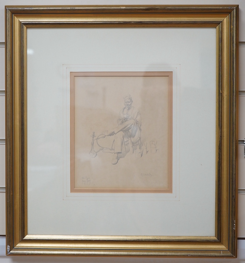 Edward Irvine Halliday (1902-1984), pencil sketch, Study of an Eastern gentleman smoking a hookah, inscribed 'For Joyce from Dick, 1927', 22 x 19cm. Condition - fair